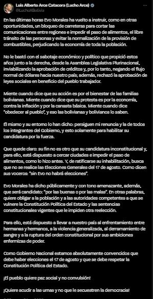 Luis Arce publicó en su cuenta de X